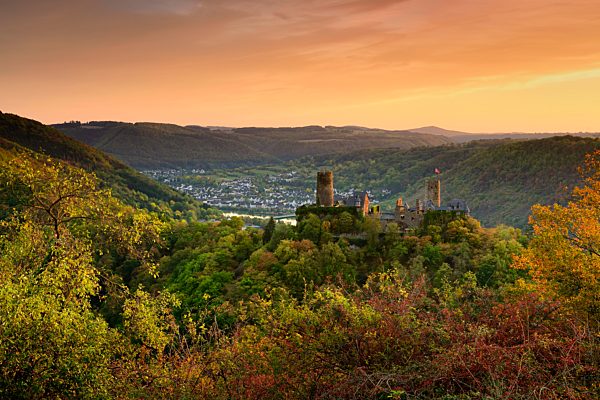 Aussicht auf Burg Thurant im Moseltal bei Sonnenuntergang im Herbst, Alken, Untermosel, Rheinland-Pfalz, Deutschland, Europa