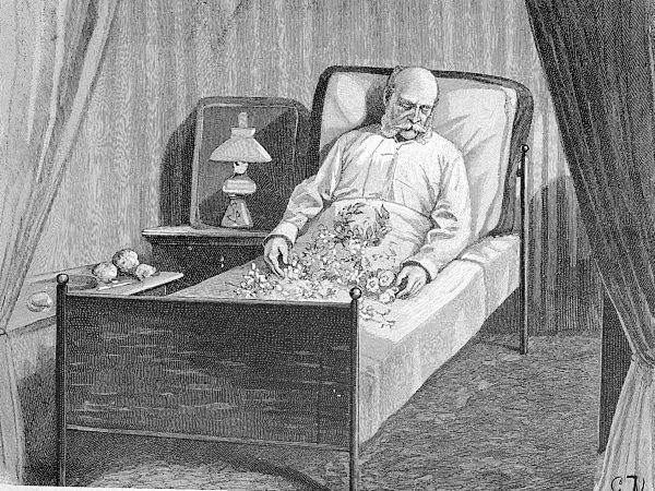 Das mit Blumen geschmückte Sterbebett des Kaisers Wilhelm I. oder Wilhelm I., 22. März 1797 9. März 1888, war König von Preußen und erster deutscher Kaiser, Holzschnitt aus dem Jahr 1888, Deutschland.