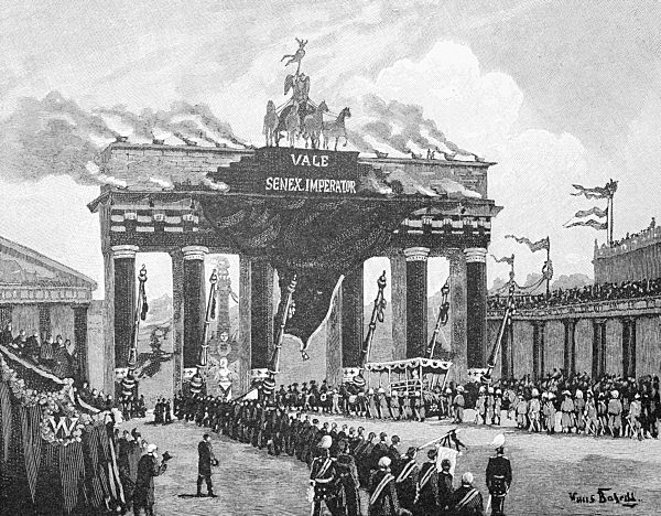 Trauerzug von Kaiser Wilhelm I., 1888, am Brandenburger Tor, Reproduktion einer Holzschnitt-Publikation aus dem Jahr 1888, Berlin, Deutschland, Europa