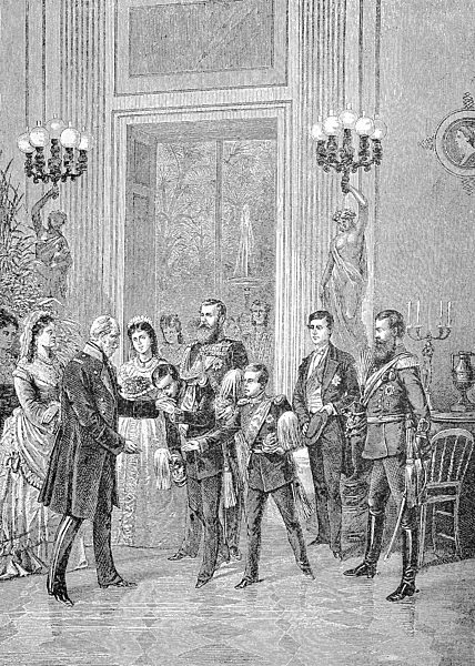 Wilhelm I. oder Wilhelm I., voller Name ist William Frederick Louis von Hohenzollern, König von Preußen und der erste deutsche Kaiser, gratulierte die Familie ihm am 22. März 1875 an seinem 78. Geburtstag, Reproduktion einer Holzschnitt-Publikation aus