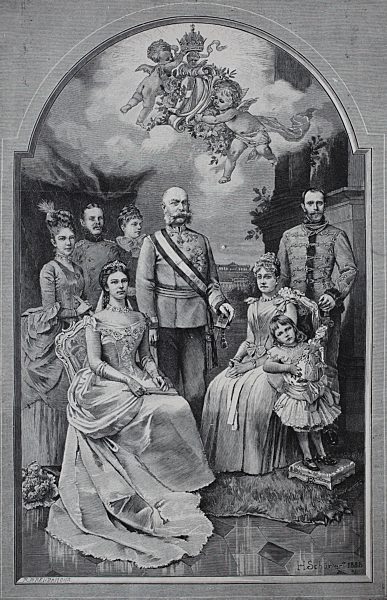 Kaiserin Elisabeth von Österreich, Franz Joseph I., Erzherzogin Marie Valerie, Erzherzogin Gisela, Stephanie und Elisabeth, Leopold von Bayern, Erzherzog Rudolf, 1889, historischer Holzschnitt, Deutschland, Europa