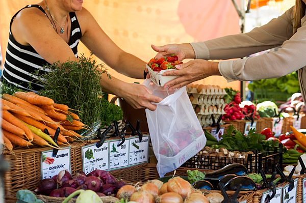 Unverpackt einkaufen mit einem Einkaufsnetz, Münstermarkt, Freiburg im Breisgau, Baden-Württemberg, Deutschland, Europa