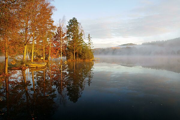 Herbstlich gefärbte Bäume werden von der ersten Morgensonne beleuchtet, Nebel zieht über einen ruhigen See, Vasstoppen, Bullaren, Bohuslän, Skandinavien, Schweden, Europa