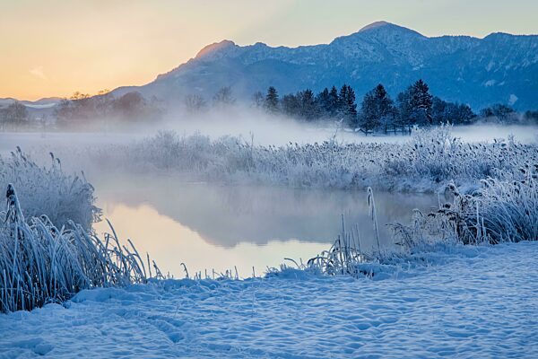 Verschneite Winterlandschaft mit der Uffinger Ach bei Morgendämmerung mit Herzogstand 1731m und Heimgarten 1790m, Uffing am Staffelsee, Das Blaue Land, Oberbayern, Bayern, Deutschland, Europa