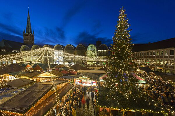 Riesiger geschmückter Weihnachtsbaum während des Weihnachtsmarktes auf dem Marktplatz vor dem Rathaus in Lübeck, Lübeck, Schleswig Holstein, Deutschland, Europa