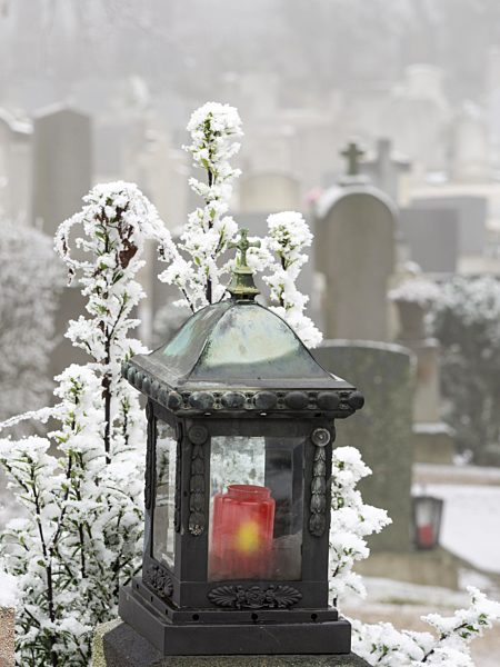 Grablaterne und Rauhreif am Friedhof, Berndorf, Niederösterreich, Österreich, Europa