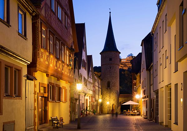 Tower at the Maintor and Karlsburg in the evening, Karlstadt, Lower Franconia, Franconia, Bavaria, Germany, Europe