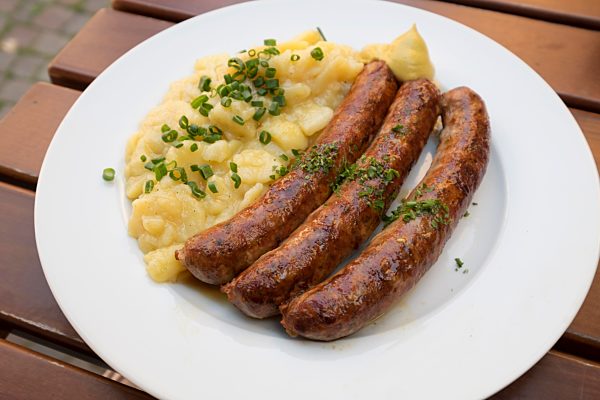 Franconian Bratwurst with potato salad, Klingenberg am Main, Lower Franconia, Franconia, Bavaria, Germany, Europe