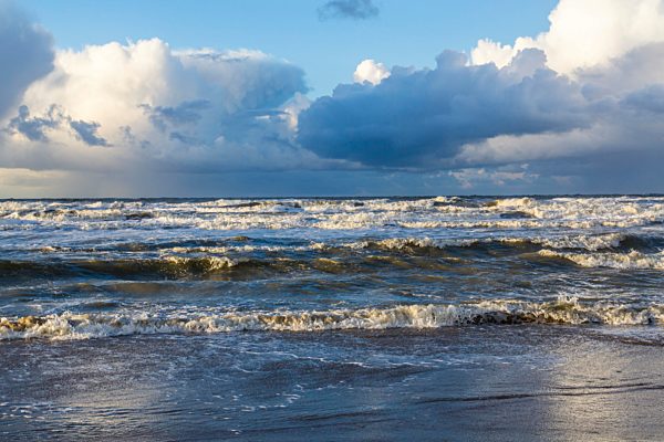Nordseestrand, aufgewühlte See, Wolkenberge, bei einem Herbststurm, De Haan, Flandern, Belgien, Europa