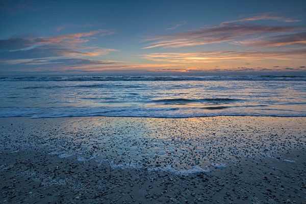 Abendrot am Strand der Nordsee mit Muscheln, Texel, Nordholland, Niederlande, Europa