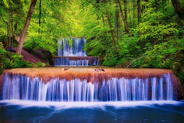 Dorfbach mit Wasserfällen, Kaskaden im Wald, Küsnacht, Kanton Zürich, Schweiz, Europa