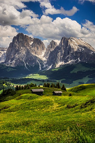 Blick auf die Gipfel des Langkofels (links) und des Plattkofels (rechts), Seiseralm, Südtirol, Italien, Europa