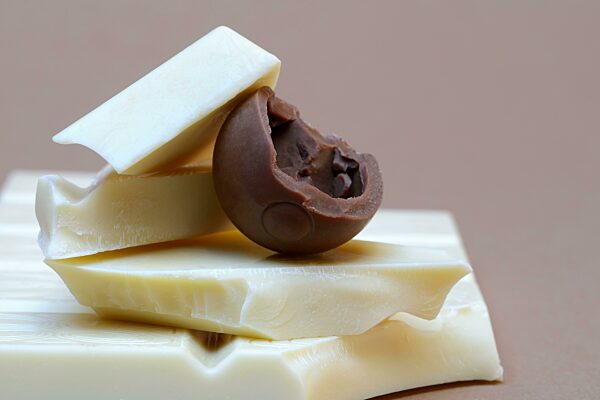 Weiße Schokoladenstücke und Praline aus Milchschokolade, angebissen