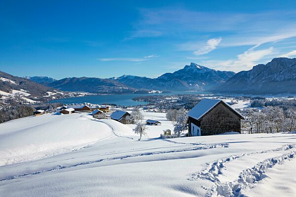 Blick ins verschneite Mondseeland mit Schafberg und Drachenwand, Mondsee, Salzkammergut, Oberösterreich, Österreich, Europa