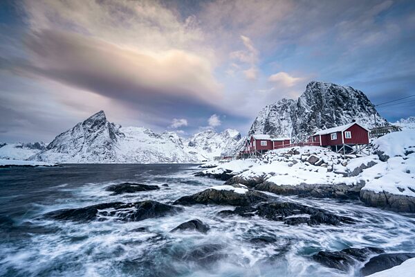 Rorbuer Hütten von Hamnoy am Fjord, hinten verschneite Berge, Hamnøy, Moskenesøya, Lofoten, Norwegen, Europa