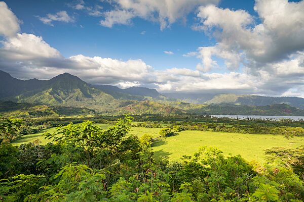 Blick ins Hanalei Valley, Felder und Berge, Hanalei, Kauai, Hawaii, USA, Nordamerika