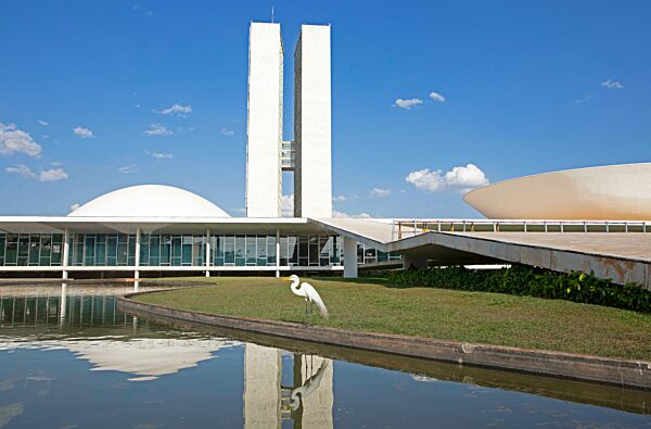Palácio do Congresso Nacional oder Nationaler Kongresspalast, Architekt Oscar Niemeyer, vorn ein Silberreiher (Ardea alba), Brasilia, Distrito Federal, Brasilien, Südamerika