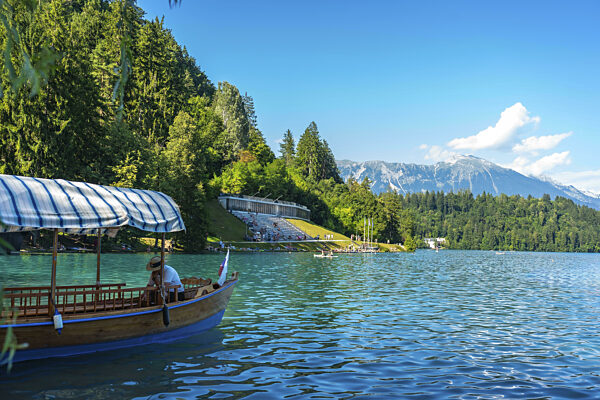 Traditionelles Holzboot mit Sonnensegel auf dem Bleder See in den...