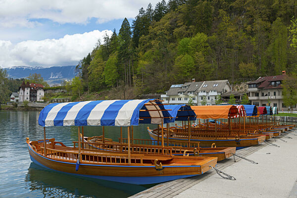 Holzboote mit Streifenüberdachungen am ruhigen See vor Wald und Häusern...