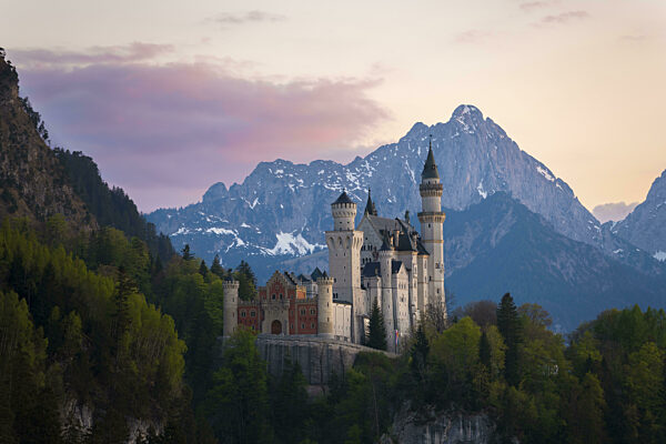 Märchenhaftes Schloss Neuschwanstein umrahmt von Alpen nach Sonnenuntergang...