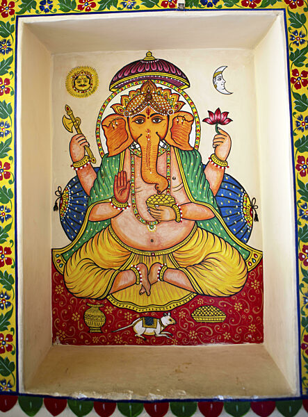 Wandmalerei, elefanzenköpfiger Hindu-Gott Ganesh oder Ganpati...