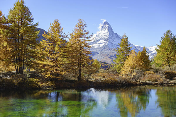 Matterhorn und Bäume spiegeln sich in einem herbstlichen See unter blauem...