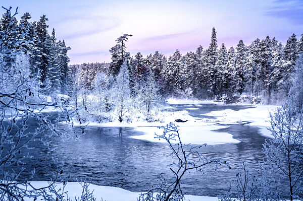 Verschneite Bäume und ein gefrorener Fluss bei Dämmerung in einer...