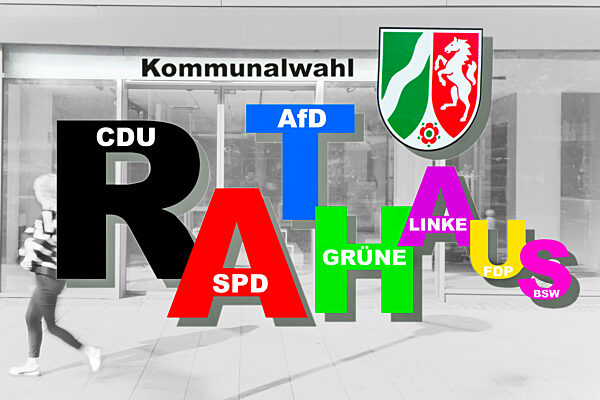 Kommunalwahl in NRW, Symbolfoto, Verluste und Gewinne der Parteien, das Wort Rathaus in verschieden großen Buchstaben, proportional zum Wahlergebnis, 14. September 2025